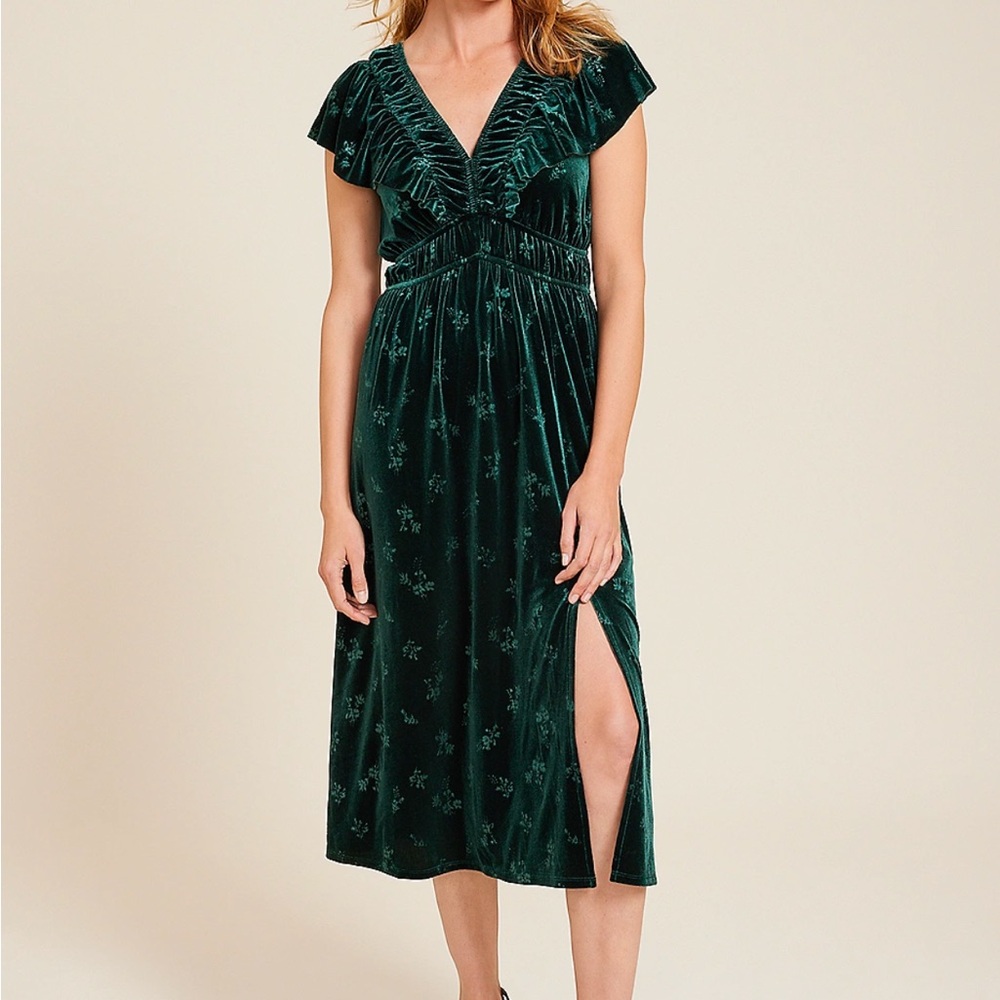 Scarab Green Velvet Jacquard Midi Dress